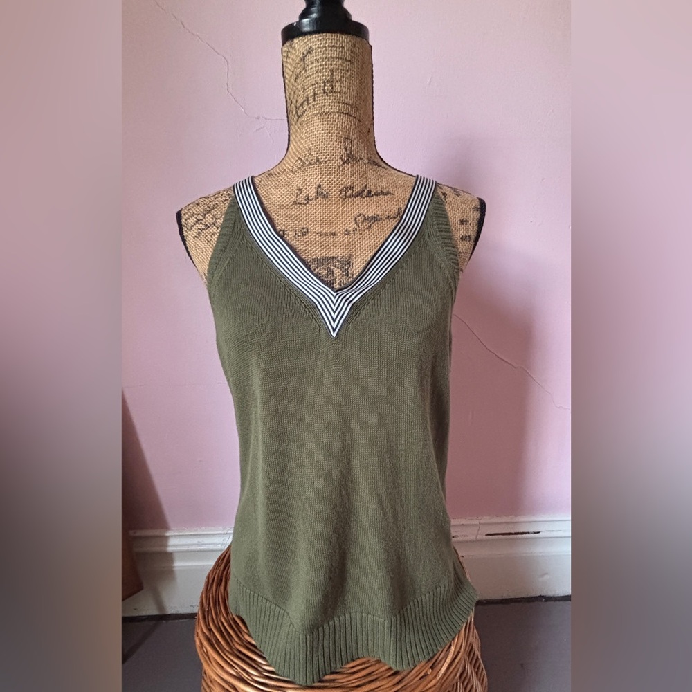 J. Crew Olive Knit Tank with Striped Trim